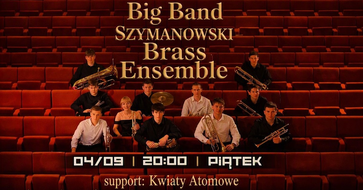 plakat koncertu Szymanowski Brass Ensemble i Kwiaty Atomowe w Komin Music Cafe w Sosnowcu