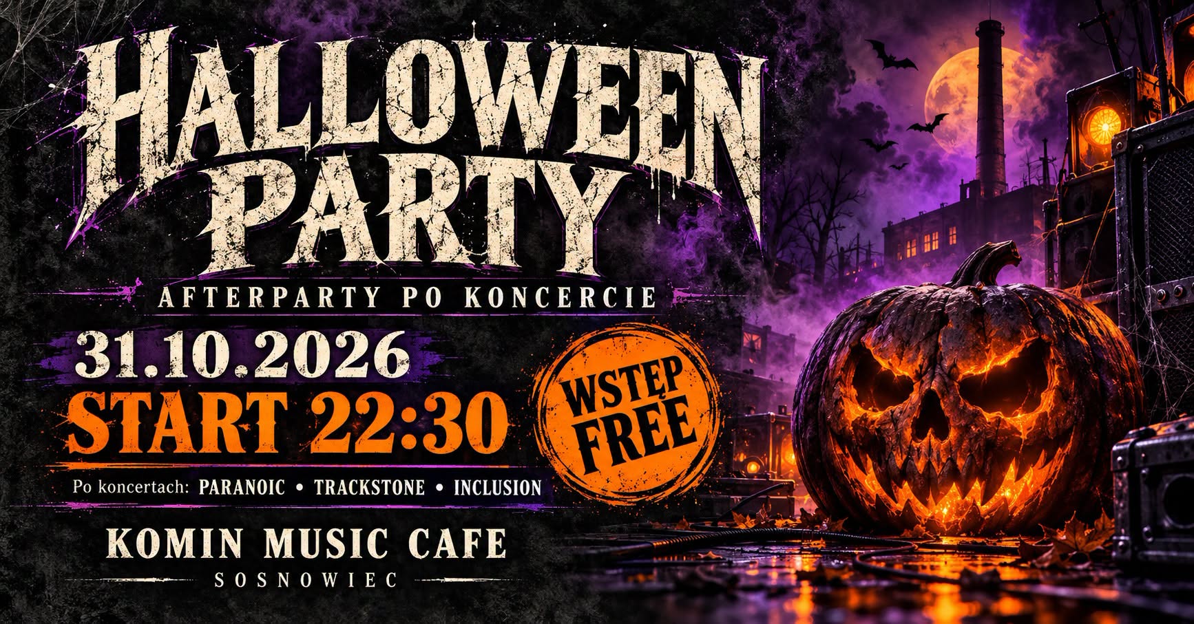 Halloween Party Afterparty po koncercie w Komin Music Cafe w Sosnowcu, nocna impreza halloweenowa z darmowym wstępem.