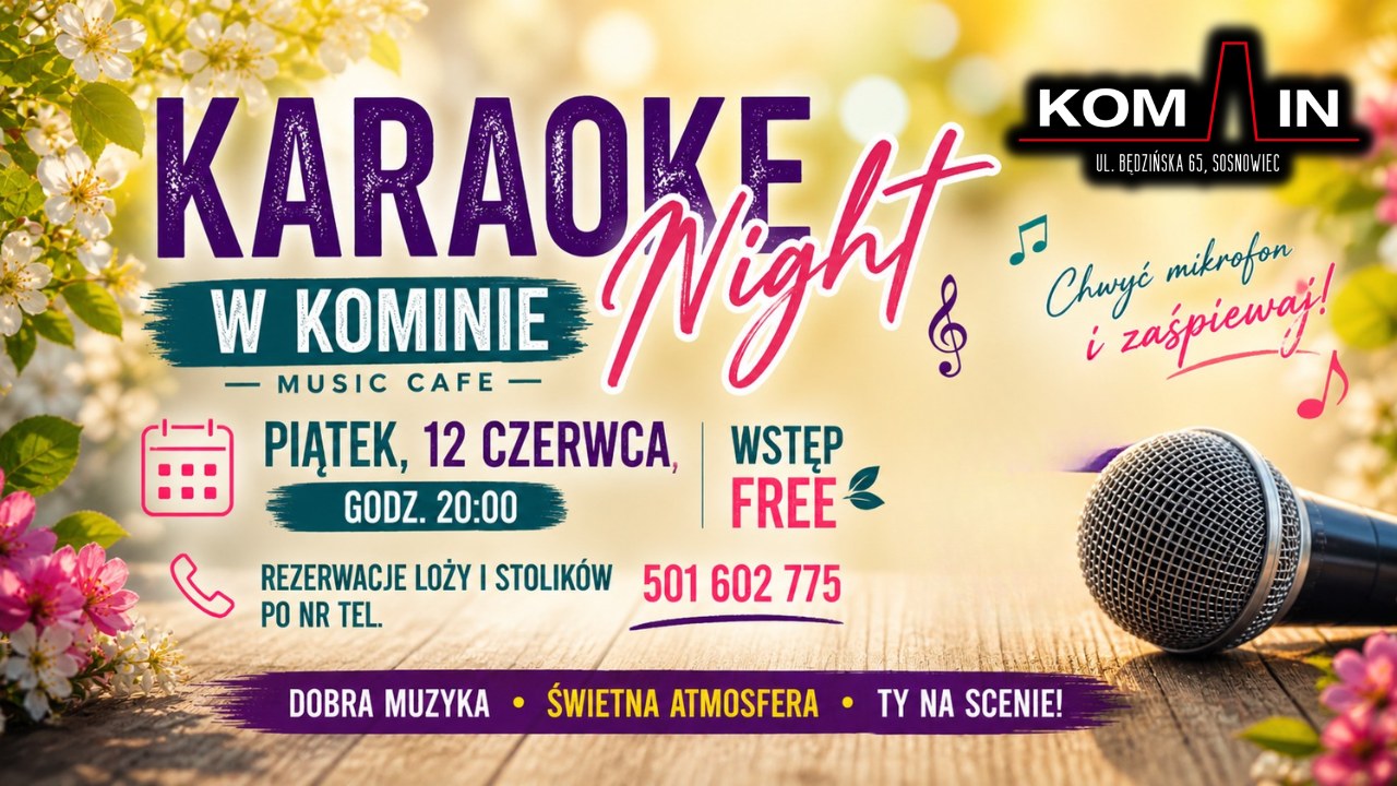 Plakat „KARAOKE PARTY w Komin Music Cafe” – wieczór karaoke z Agnieszką Ozorek, otwartą sceną i pozytywną energią w Sosnowcu.
