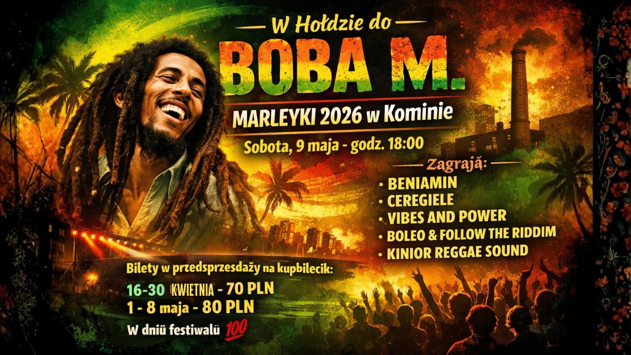 Plakat wydarzenia Marleyki 2026 – reggae night w hołdzie Bobowi Marleyowi, pozytywne wibracje i live music w Komin Music Cafe w Sosnowcu