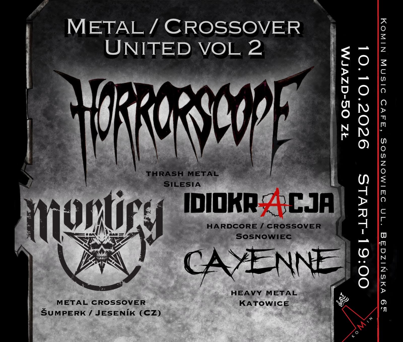 plakat koncertu Metal Crossover United vol. 2 w Komin Music Cafe w Sosnowcu