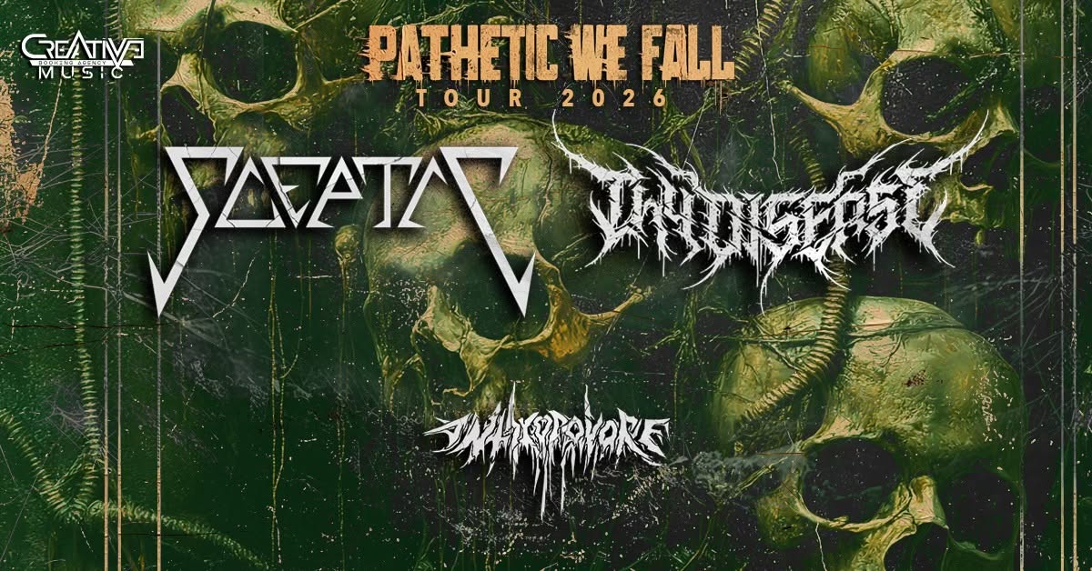 Plakat „PATHETIC WE FALL TOUR 2026” – Sceptic & Thy Disease, support Anthropovore, koncert w Komin Music Cafe w Sosnowcu, start o 18:00.