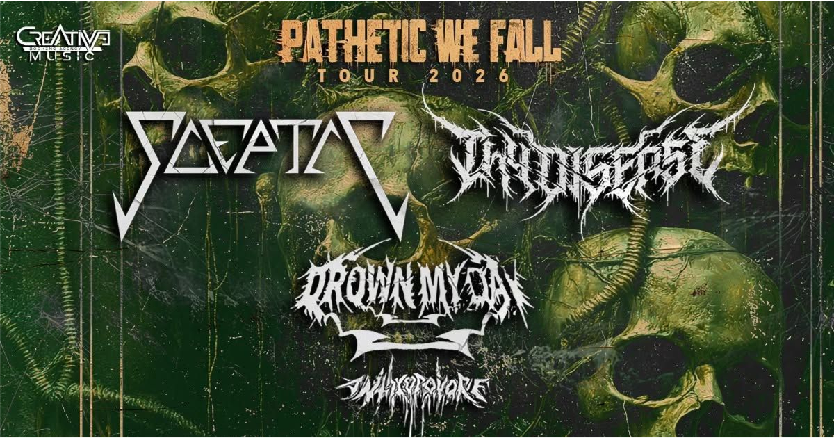 Plakat „PATHETIC WE FALL TOUR 2026” – Sceptic & Thy Disease, support Anthropovore, koncert w Komin Music Cafe w Sosnowcu, start o 18:00.
