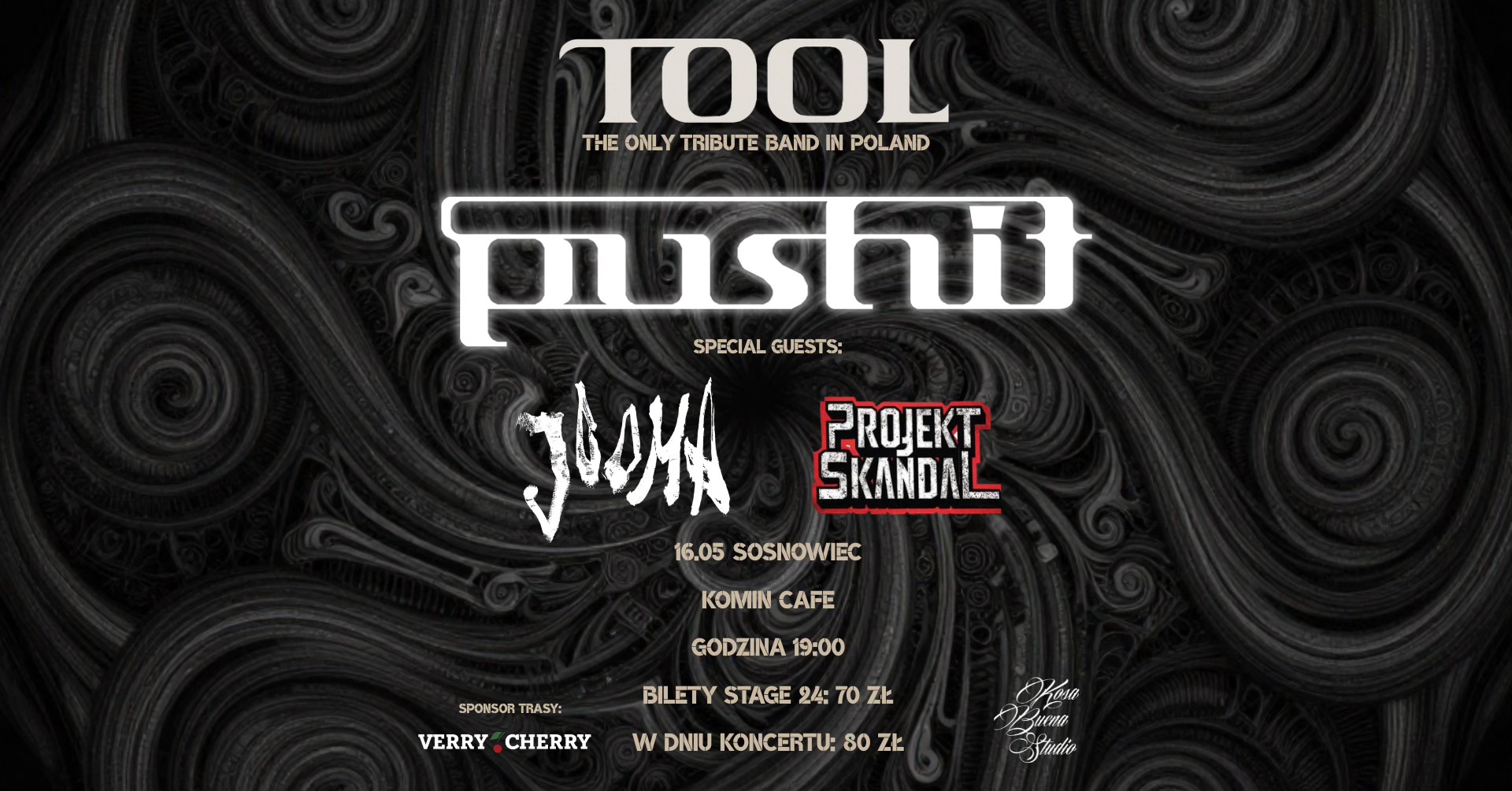 Plakat koncertu PUSHIT – TOOL tribute band z udziałem Projekt Skandal i Jooma w Komin Music Cafe w Sosnowcu