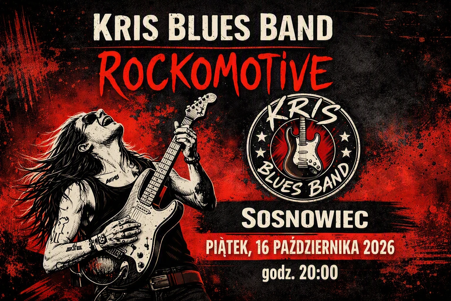 plakat koncertu Rockomotive i Kris Blues Band w Komin Music Cafe w Sosnowcu