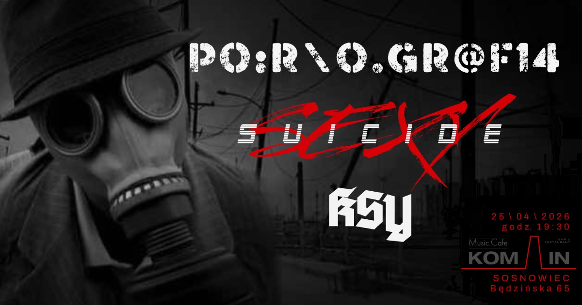 Plakat koncertu Pornografia, Sexy Suicide i KSY w Komin Music Cafe w Sosnowcu – zimna elektronika, post‑punk i alternatywa
