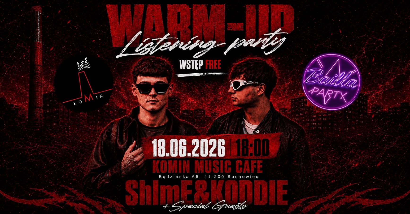 Plakat „WARM UP – Listening Party – ShImE x KOODIE” – przedpremierowe odsłuchanie EP w Komin Music Cafe, udział Bailla Party, start o 18:00.