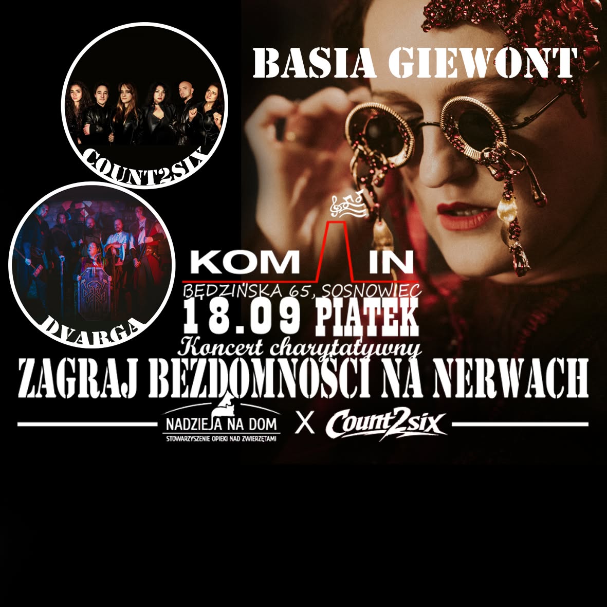plakat koncertu charytatywnego Zagraj Bezdomności na Nerwach w Komin Music Cafe w Sosnowcu